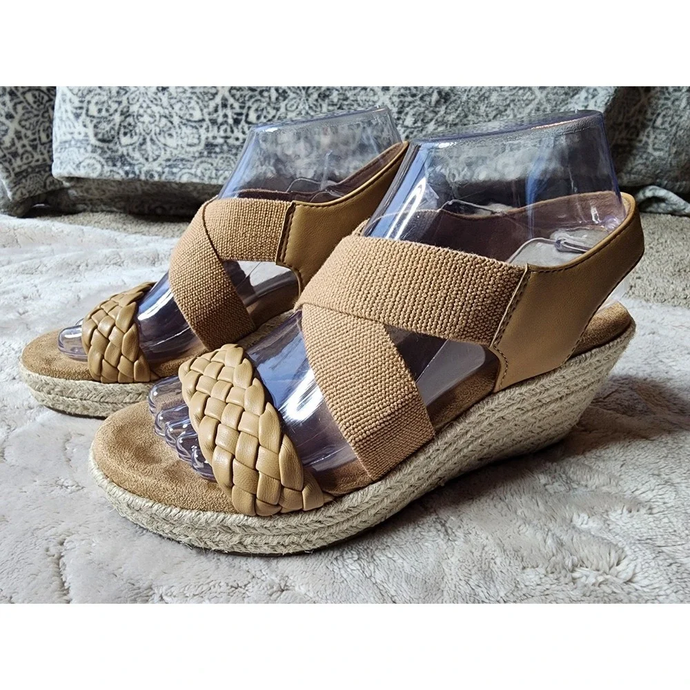Sanoma Ortholite Eco Tan Wedge Sandals Braided Strap Espadrille Womens 6